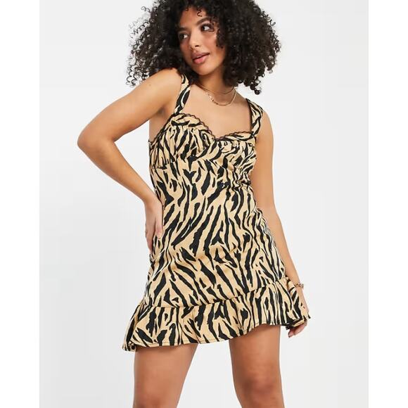 TopShop animal print zebra cami mini dress black tan peplum hem petite 6 NWT - Picture 1 of 9